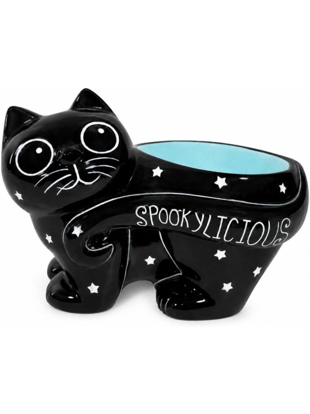 Spooky Black Cat Pedestal Bowl - 9" L x 6" W x 6" H, Teal Interior, Unique Decor